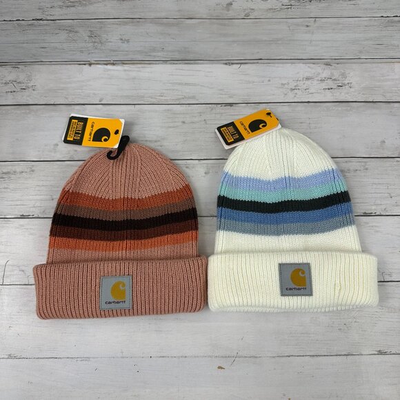 Lot of 2 Carhartt Rib Knit Beanie Pink /white Stripe Women's NEW Hat OS - Picture 1 of 7